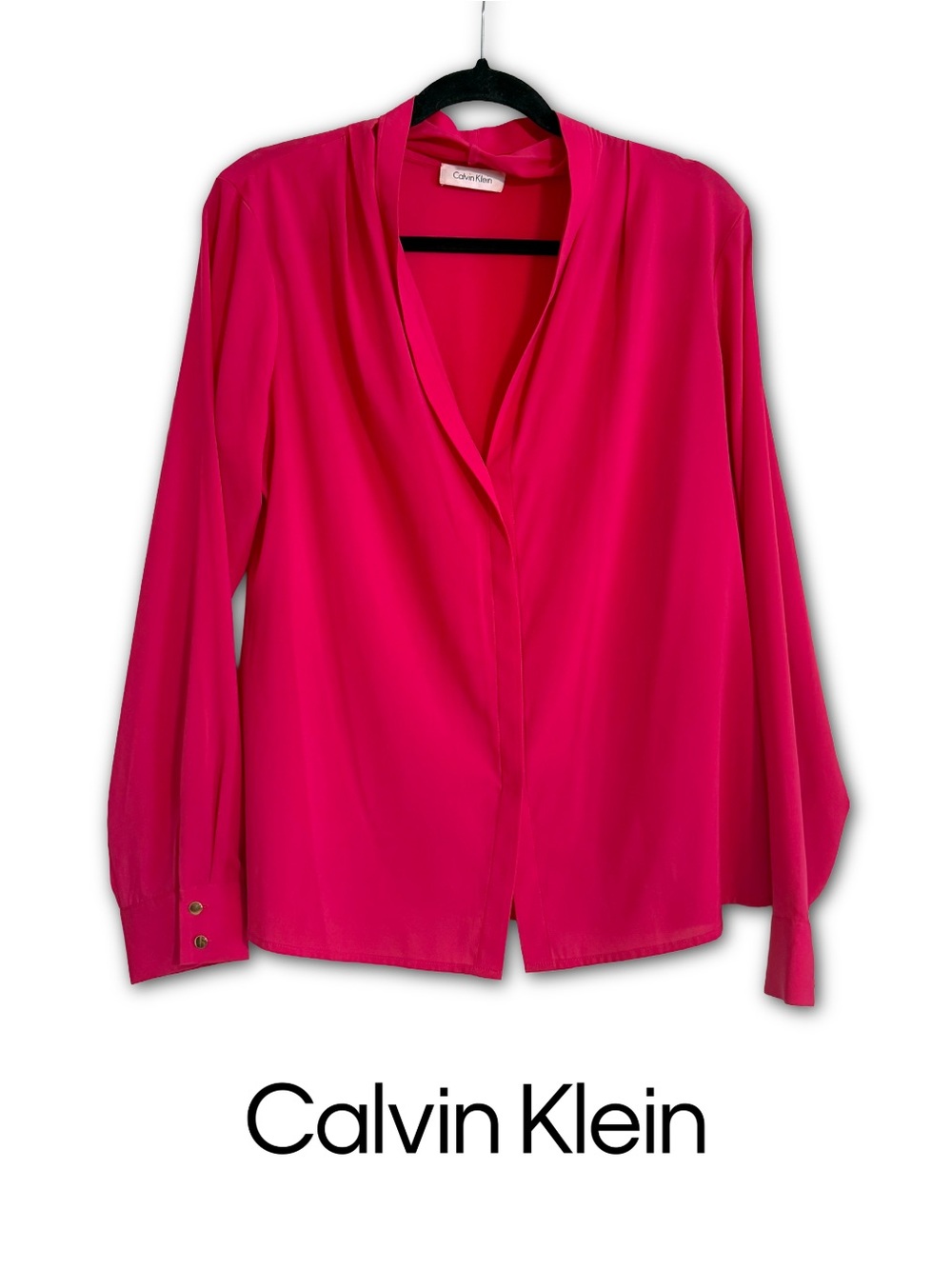 🦩Fuchsia Pink Silky V Neck Blouse Gold Buttons | Calvin Klein | M / L 8 10 12